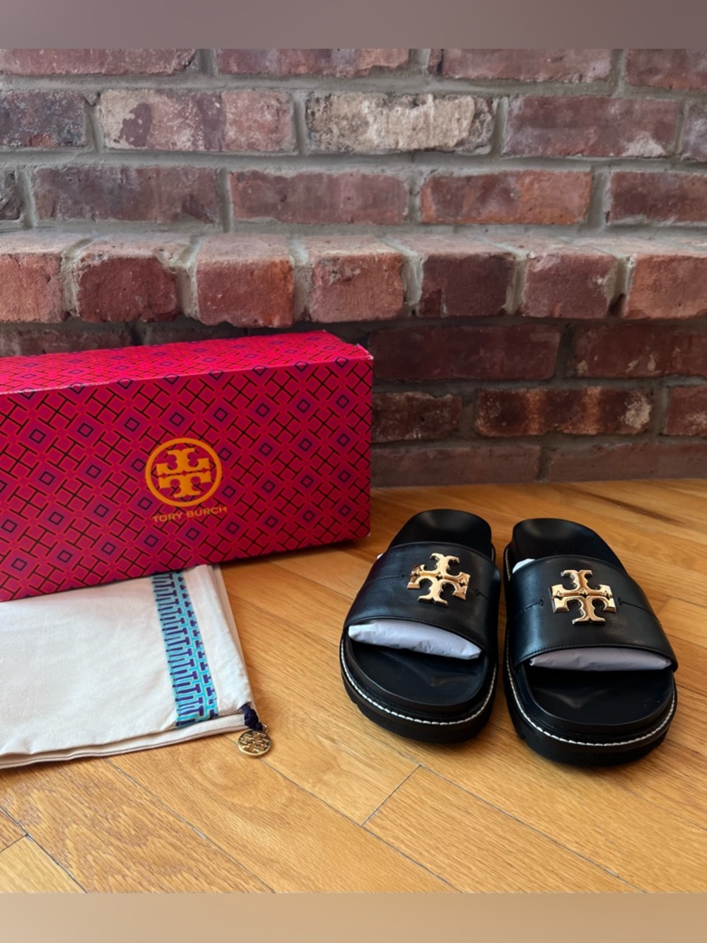 Tory Burch Black Everly Anatomic Lug Slide Sandals - Picture 2 of 9